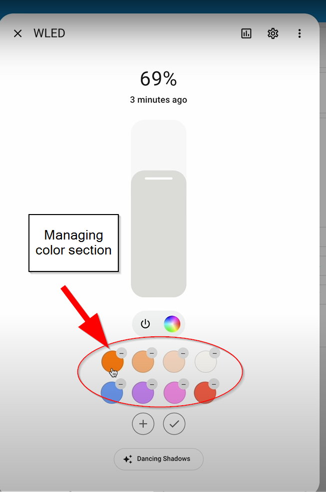 Тo manage the color section list, just hold on one of the prefined colors and all the colors will start to jiggle