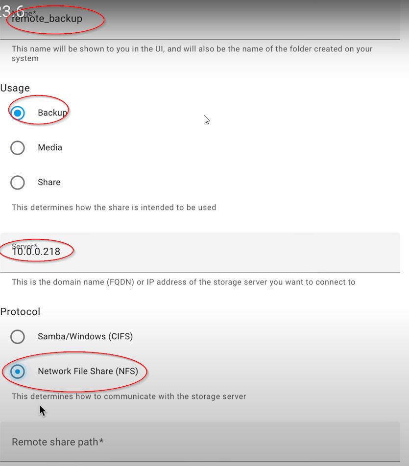 Remote backup options menu