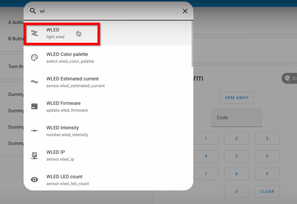 How to open the Light entity dialog box