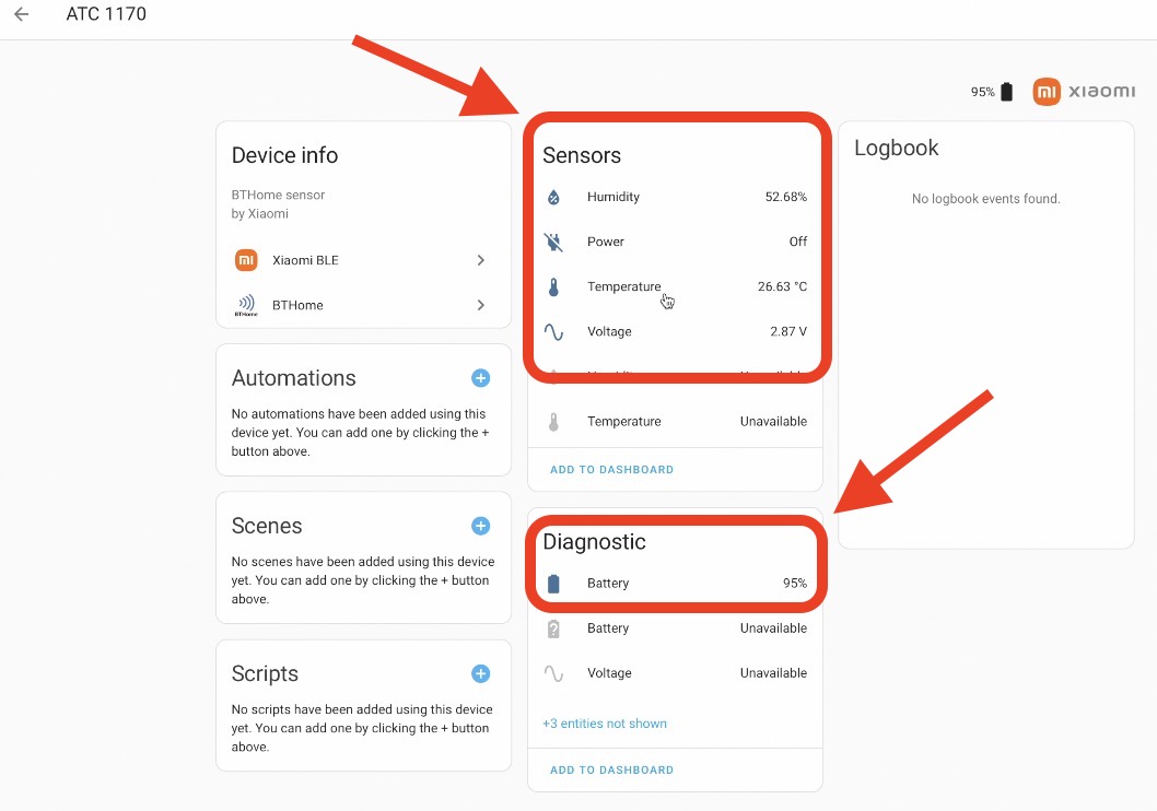 Checking the detailed info of the Xiaomi TH sensor inside Home Assistant