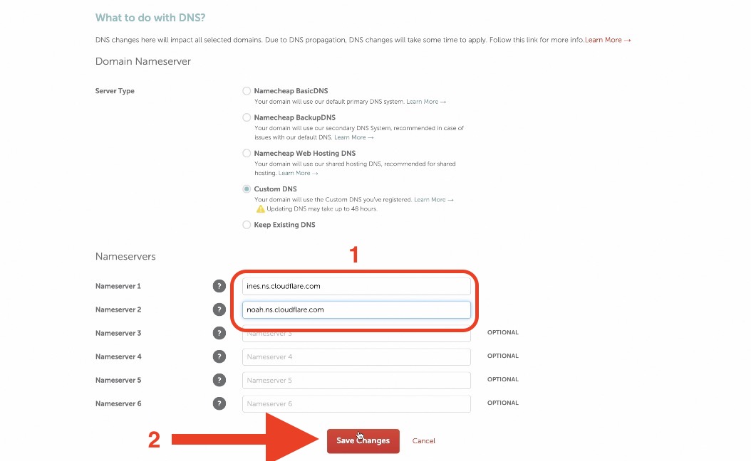 Adding the CloudFlare DNS names in the Namecheap domain settings