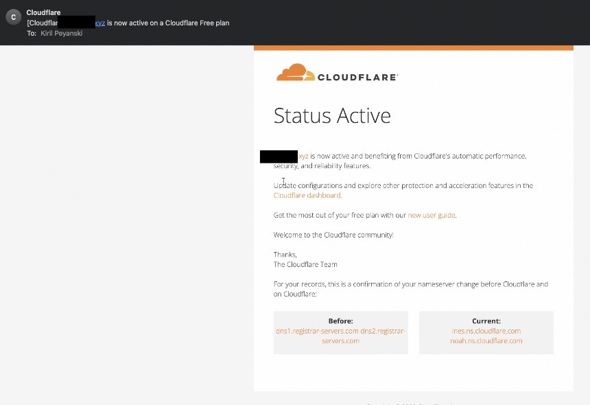 Confirmation mail that I received when the DNSes of my .xyz were updated with the CloudFlare ones