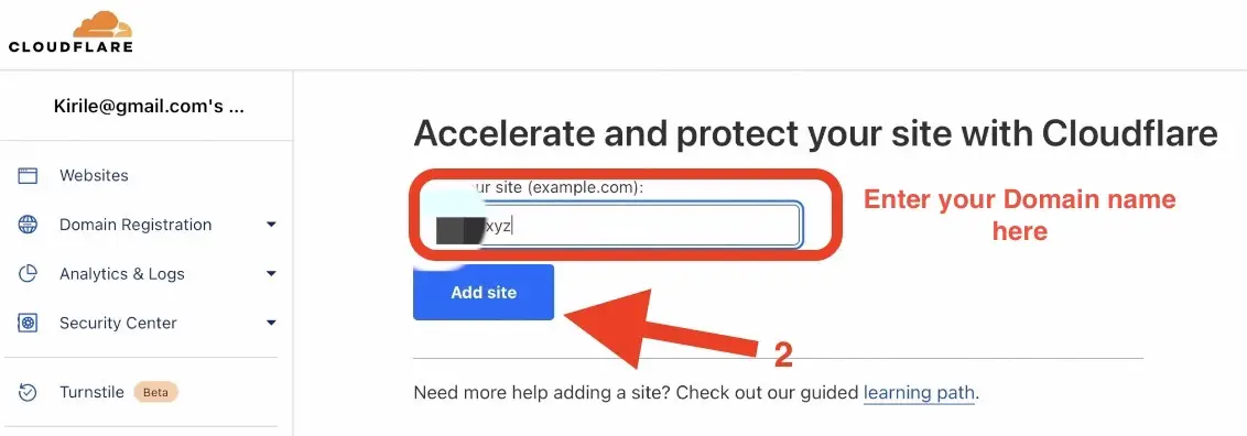 Adding the .xyz domain as new site inside CloudFlare account