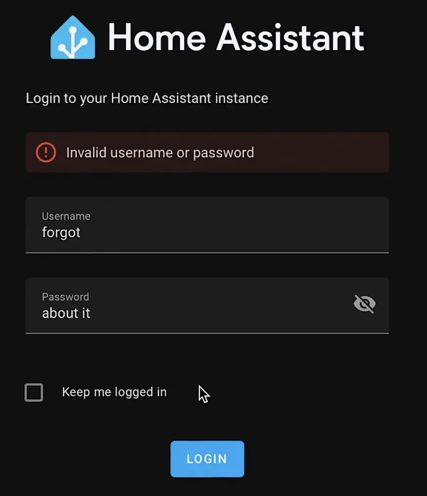 Home Assistant login screen with invalid username or password error