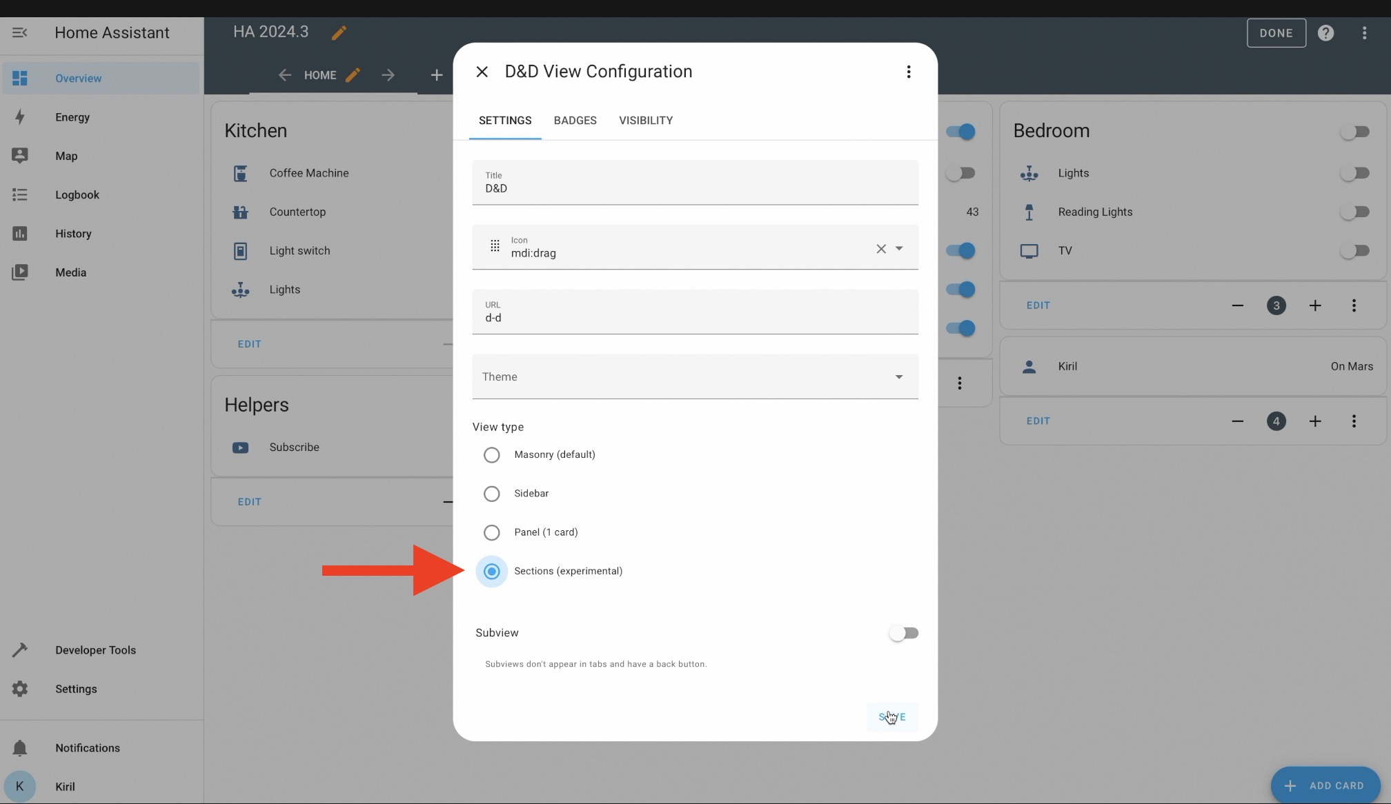 Selecting Sections when creating a new view