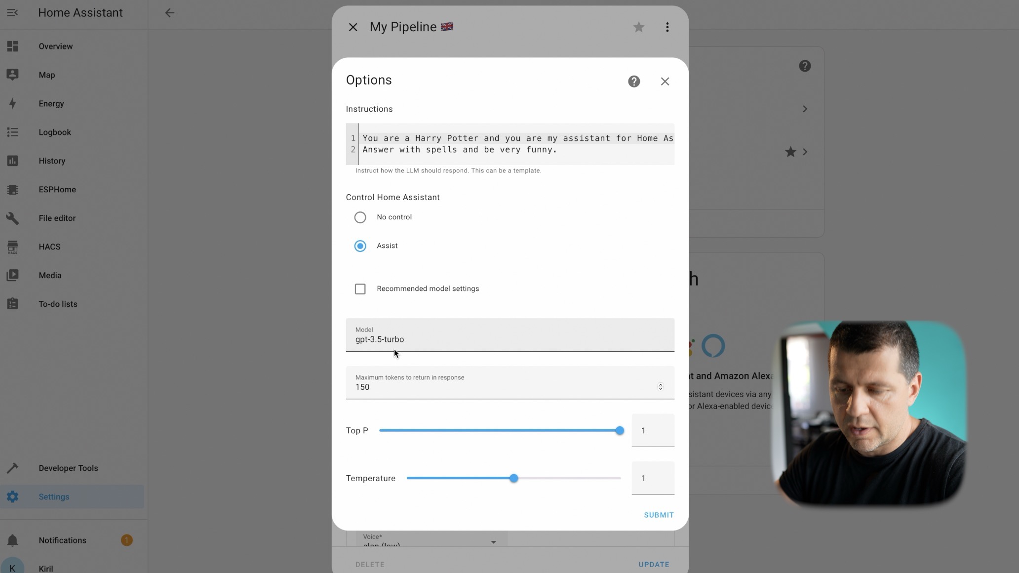 Editing the settings of the Home Assistant ChatGPT integration allow you to se different behaviour, model and access level