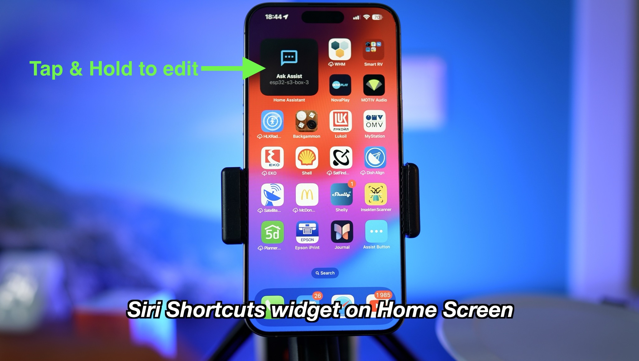 Siri Shortcut widget on Home Screen where the widget is configured for Home Assistant Assist as action