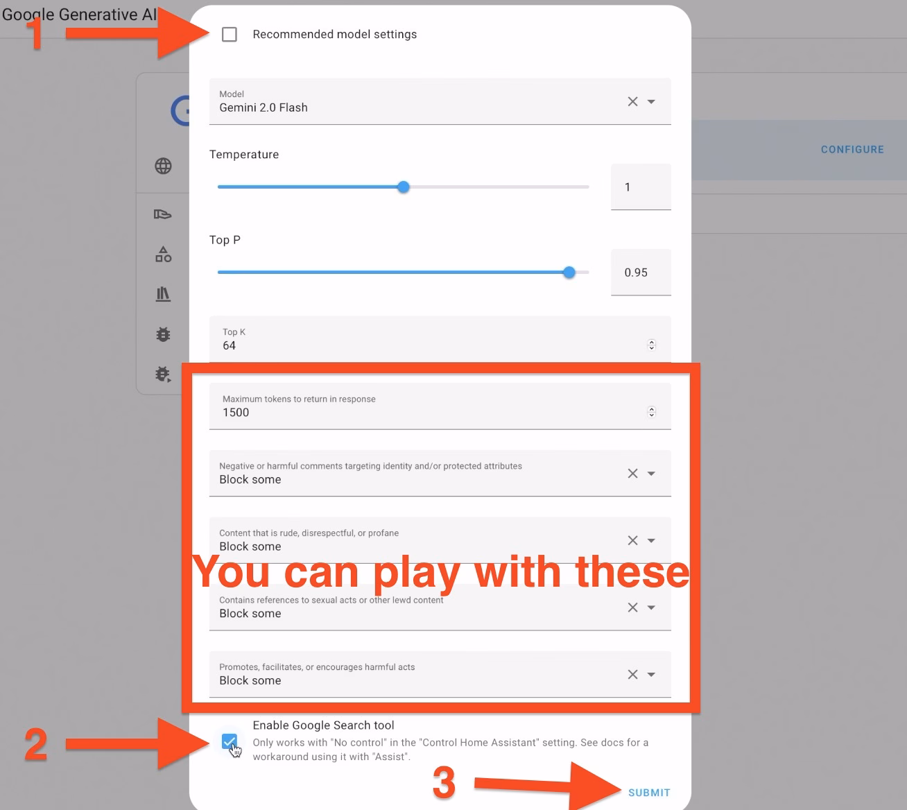 Uncheck recommended model settings and enable Google AI Web Search in Home Assistant