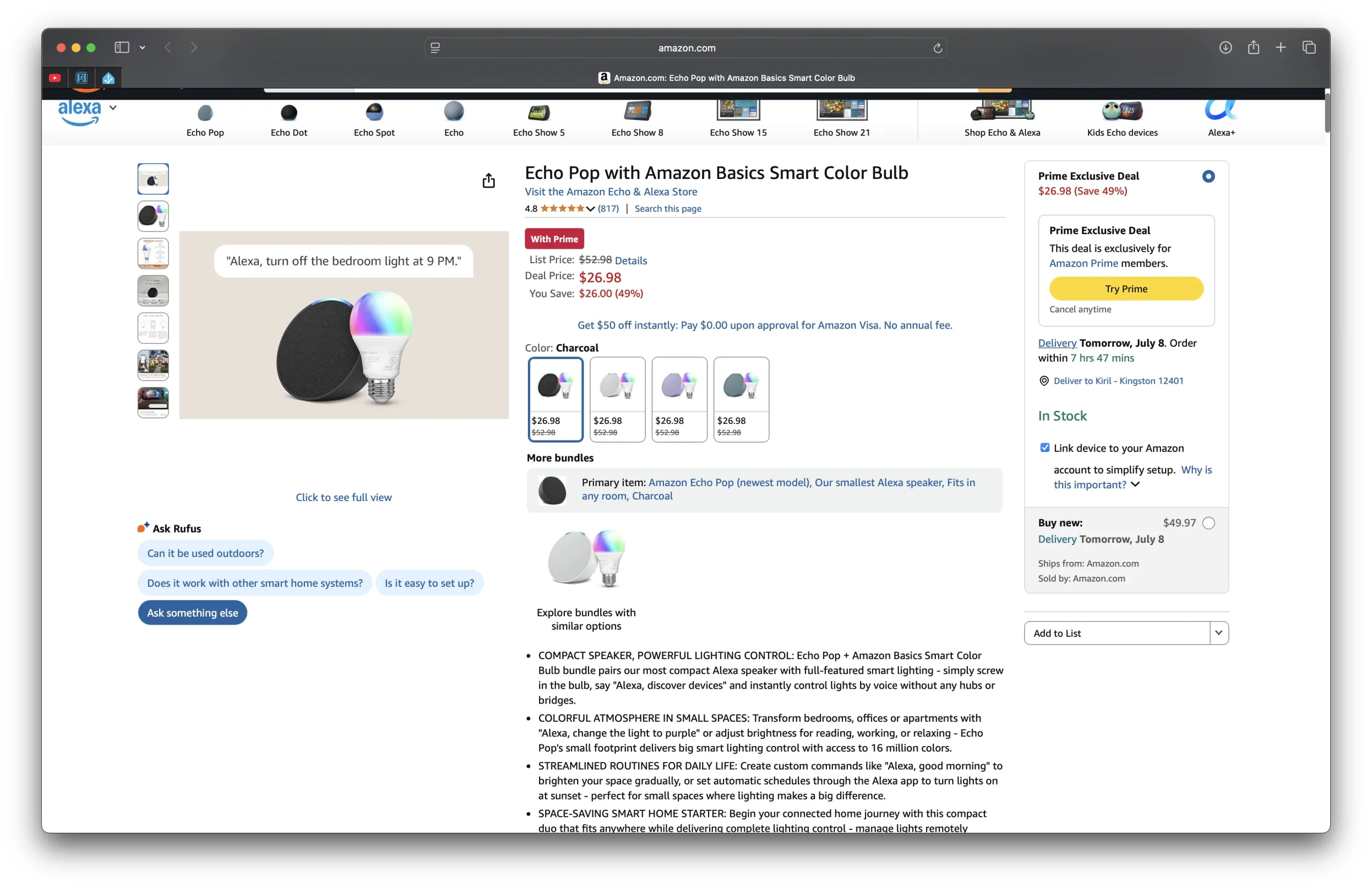 Echo Pop + Smart Color Bulb with 49% OFF isn't that great discount during Prime Day 2025