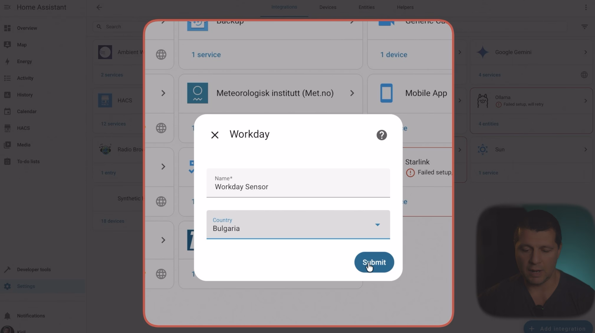 Home Assistant Workday Integration dialog where you can select your country